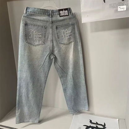 Calça Jeans Masculina Blue Washed MIXED EMOTION Hot Drill Letter Retrô Americana Calça Jeans Feminina Mixed Emotion