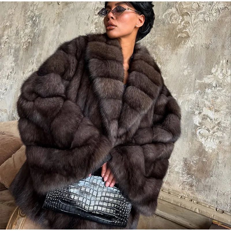 Women Patchwork Faux Fur Coat Elegant Contrast Full Sleeve Lapel Loose Long Staple Plush Jacket Winter High Street Outerwears