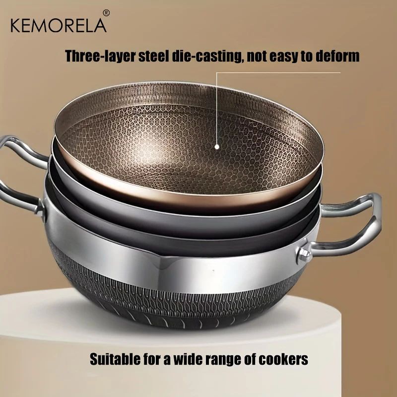 Frigideira de Aço Inoxidável 304 26/28/30cm, Antiaderente Grau Alimentício, Fundo de Panela Colmeia, Panela Geral para Fogão a Gás e de Indução