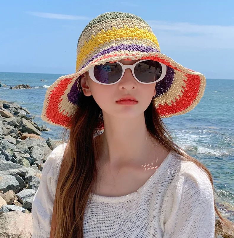Rainbow Straw Hat Woman Summer Sun Visor Handmade Crochet Big Brim Bucket Hat Ladies Beach Sun Cap Boho Lady Girls Fashion Caps