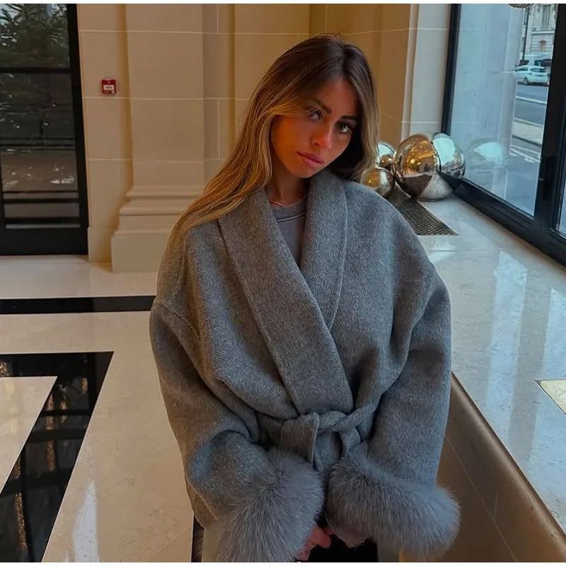 Elegant Lace Up Woolen Overcoat Women Casual Lapel V-neck Full Sleeve Loose Warm Outerwears Lady New Autumn Commute Street Coat