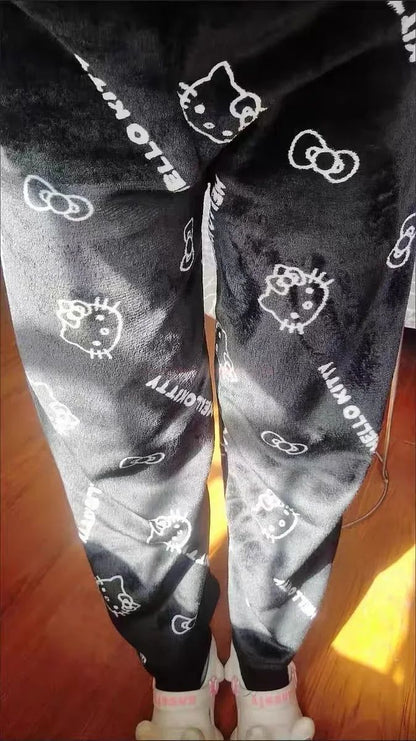 Christmas Sanrio Hello Kitty Pajamas Halloween Flannel Fashion Trouserswomen Kawaii Woolen Anime Cartoon Casual Home Pant Autumn