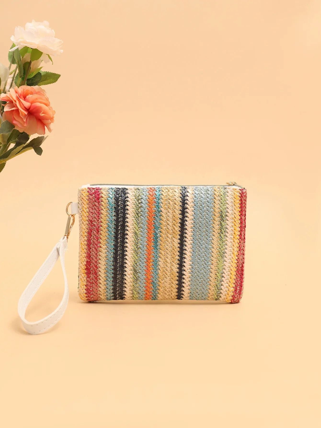 Rattan Knitting Women Straw Bags Fashion Colorful Summer Beach Clutch Bag Female Woven Wristlet Bag Wallet Money Coin Purse
