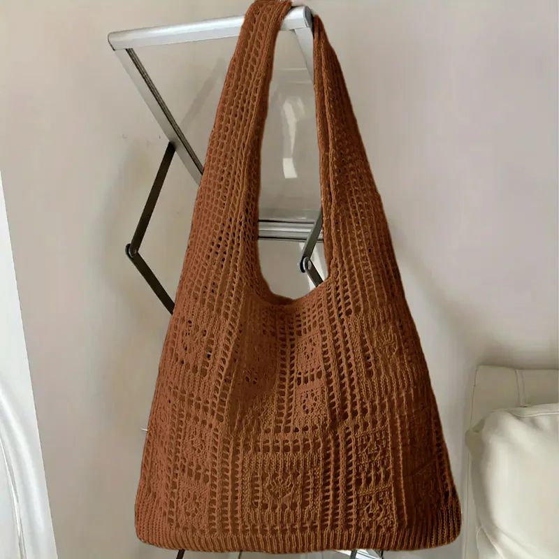 Knitted Shoulder Bag for Women's Leisure Commuting Hollowed Out Large Capacity Woven Handbag