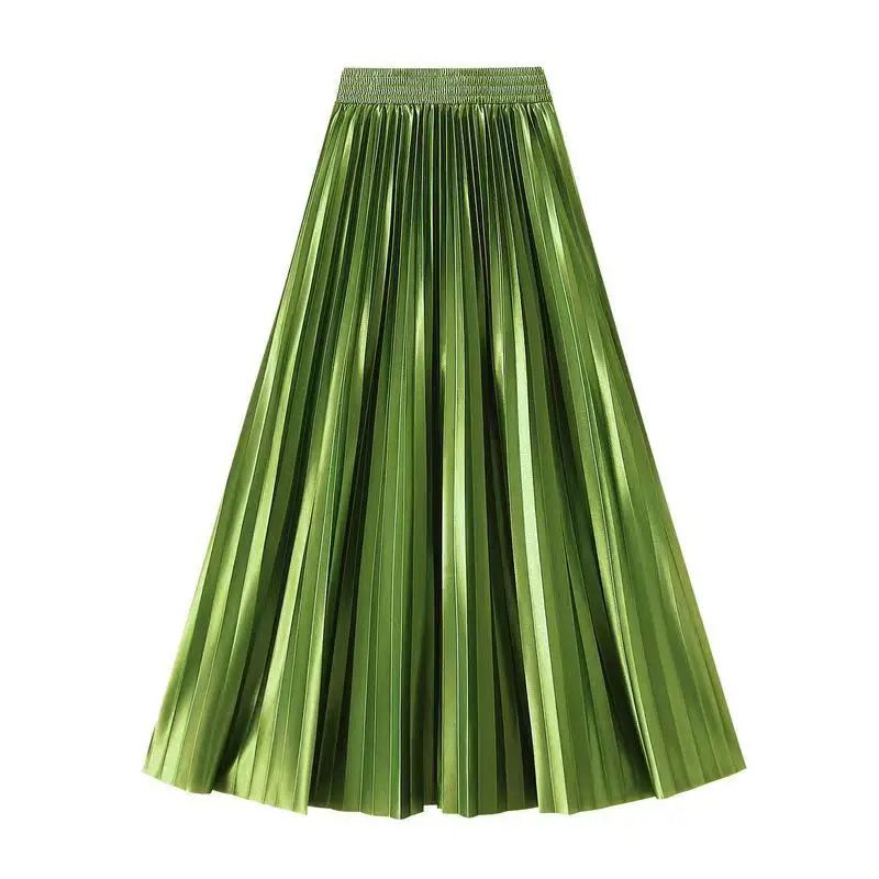 High Waist Satin Pleated Skirt 1 Meter Long Floor Length Pearl Glitter A- Line Umbrella Half Body Skirts Polyester Fiber