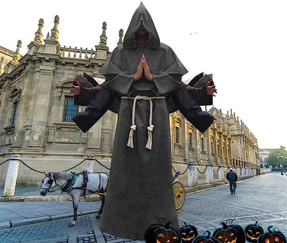 Retro Priest Robe Halloween Cosplay Costume Wizard Fancy Punk Cloak Mask Medieval Monk Robe Hooded Monk Cowl