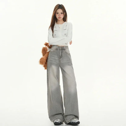 Gray American High Street Wide Leg Jeans Women Loose Drapey Slim Straight Floor-Length Pants High Waist Button Decoration