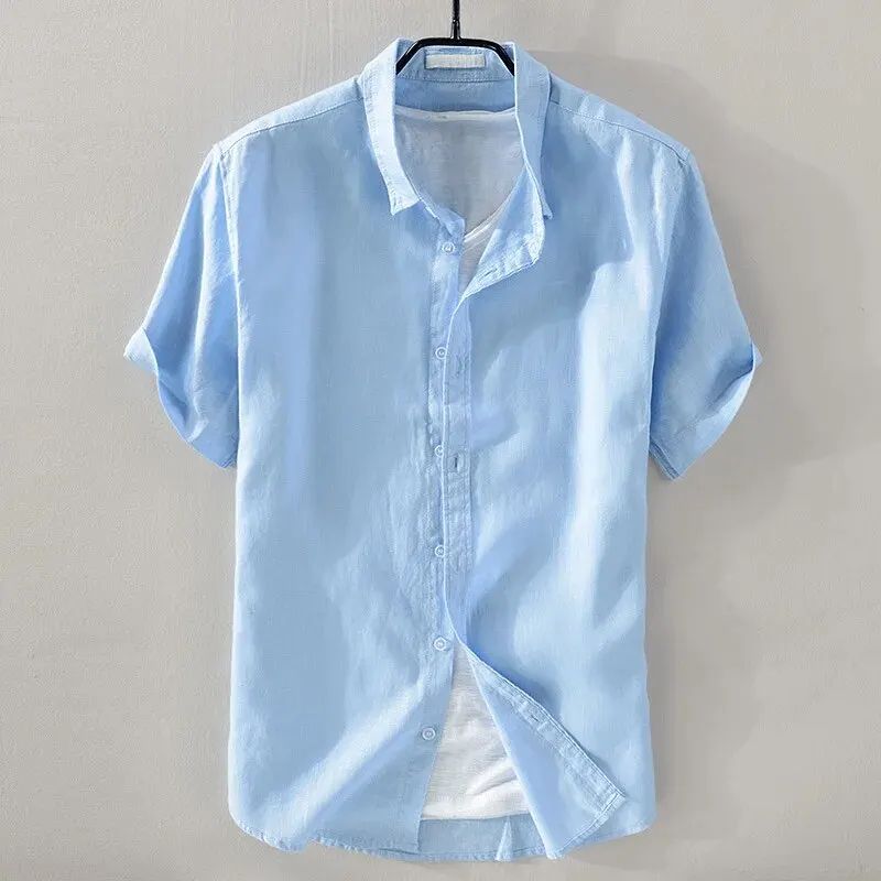 Short Sleeve Linen Shirt Men Simple Casual Retro Loose Style Youth Thin Basic Half Sleeve Cotton Linen Clothing