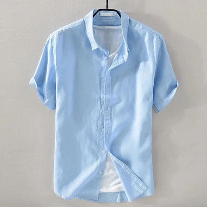 Short Sleeve Linen Shirt Men Simple Casual Retro Loose Style Youth Thin Basic Half Sleeve Cotton Linen Clothing