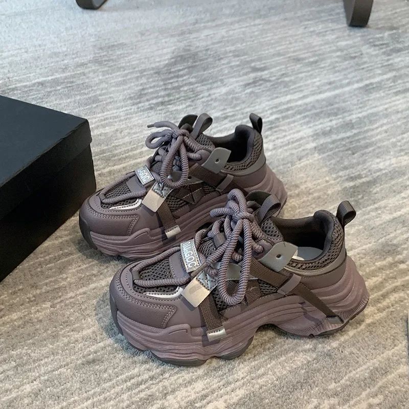 Women's Chunky Sneakers  Breathable Mesh Platform Sports Shoes Woman Fashion Lace Up Thick Sole Casual Shoes Mujer