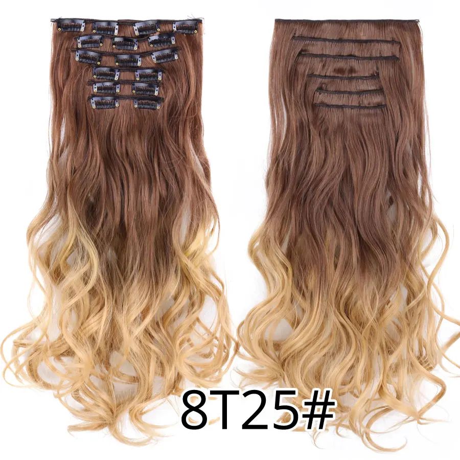 22 Polegadas Sintético Cabelo Liso Longo 16 Clipes 6 Peças/Conjunto Apliques de Cabelo Loiro Preto Resistente ao Calor Para Mulheres