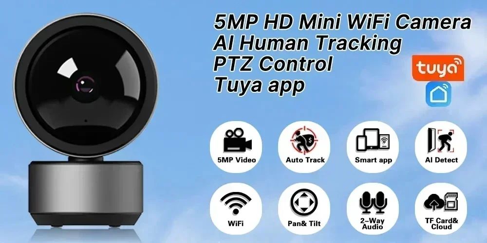 PEGATAH 5MP Wifi IP CameraVideo Surveillance Cam HD Night VIsion Two Way Audio Auto Tracking Cloud Smart Home Camera Tuya APP
