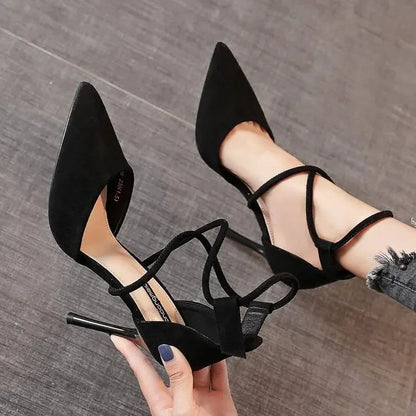 2024 New Cross-strap Roman Sandals Suede High Heels Women's Shoes One-line Buckle Fine Heel Pointed Sandals Zapatos De Mujer