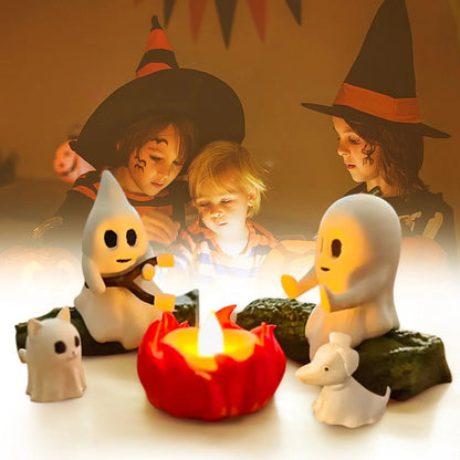 Halloween Ghost Nightlight Campfire Figurine Set Cute Ghost Statue Small Campfire Light Fun Halloween Decor Gift for Home Party