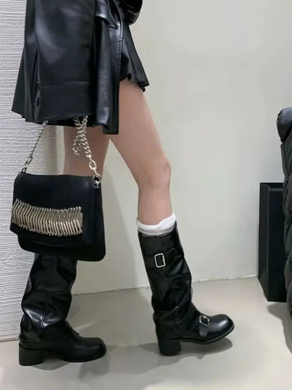 Woman Boots Knee High Platform Chunky Heels Trend Punk Gothic New Rock Leather Fashion Women's Shoes Motorcycle Footwear Q221