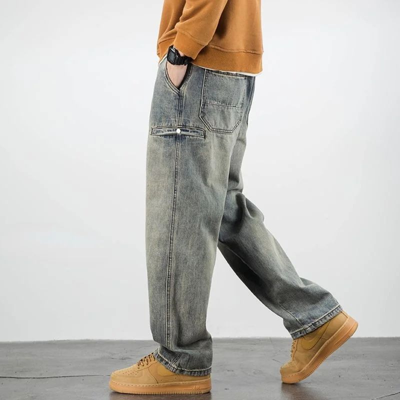 Calça Jeans Masculina Retrô Cargo Reta Cowboy Punk Lavada Grife Luxuosa Tendência 2025 Y2k Vintage Estilo Coreano Larga