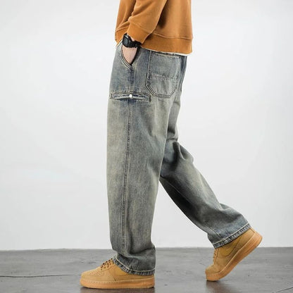 Calça Jeans Masculina Retrô Cargo Reta Cowboy Punk Lavada Grife Luxuosa Tendência 2025 Y2k Vintage Estilo Coreano Larga