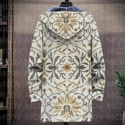 Men's Retro Flower Print Plush Thick Long-Sleeved Coat Fleece Hooded Overcoat Unisex Thick Warm Jacket-12 style