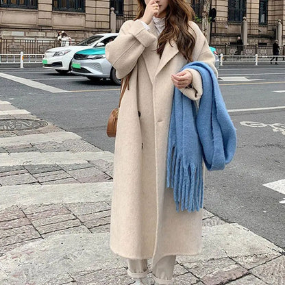 Women Coat Double-Breasted Mid-length Outerwear Lapel Stylish Warm Mid-Length Double Pockets Winter Coat Lady Accessories