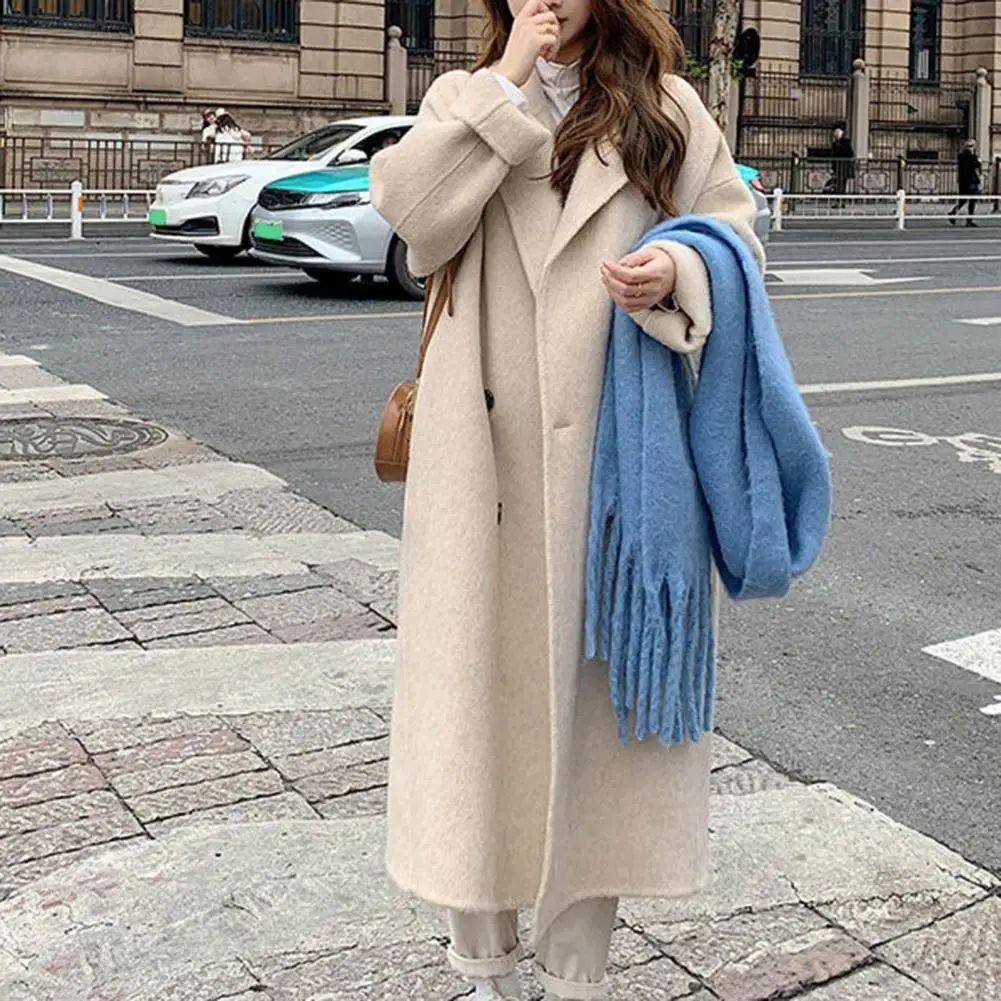 Women Coat Double-Breasted Mid-length Outerwear Lapel Stylish Warm Mid-Length Double Pockets Winter Coat Lady Accessories
