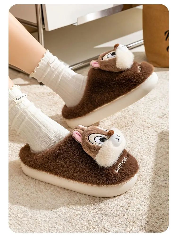 Chinelo de algodão de pelúcia com desenho animado Disney Tico e Teco, fofo, para homens e mulheres, confortável, macio, antiderrapante, resistente ao desgaste e quente para o inverno