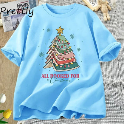 Book Tree Christmas T Shirt All Booked for Christmas T-shirt for Book Lover Librarian Teachers Tees Bookish Cotton Tshirt