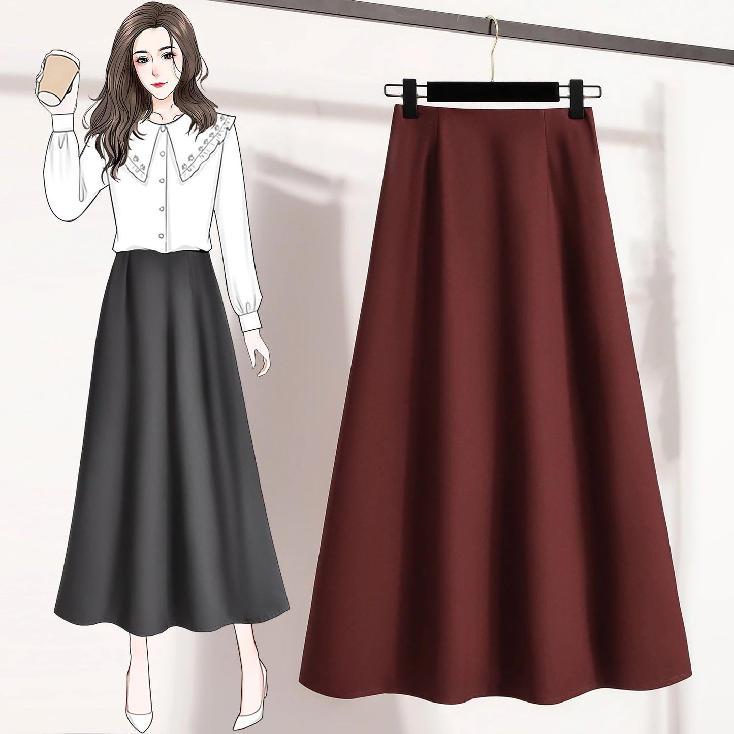 A-Line Mini Skirt High Waist Mid Length Skirts Women's Slimming Black Autumn Elastic Waist Design Solid Color Versatile Skirt