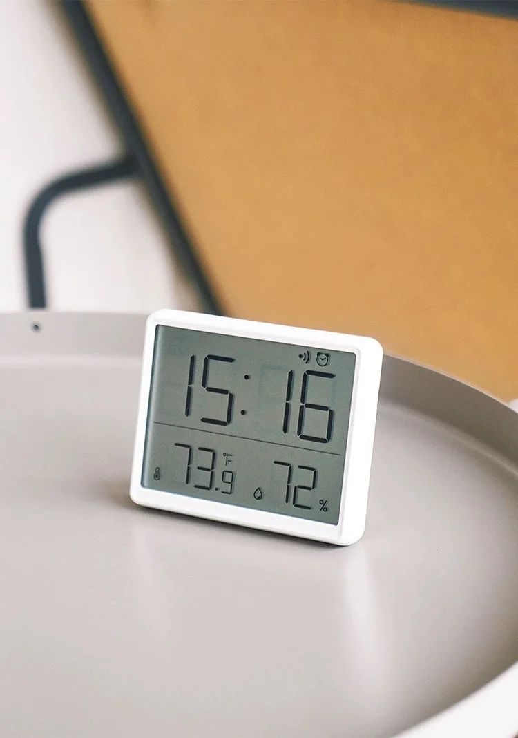 Slim Digital Wall Clock with LCD Alarm, Temperature & Humidity Display- Multi-Functional Kitchen Electronic Clock Adhesive Mount