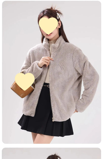 Women's Double-Sided Fleece Jacket Grey Warm Stand-Collar Thick Winter Outerwear Trendy Sweatshirt Style Casual Loose Fit