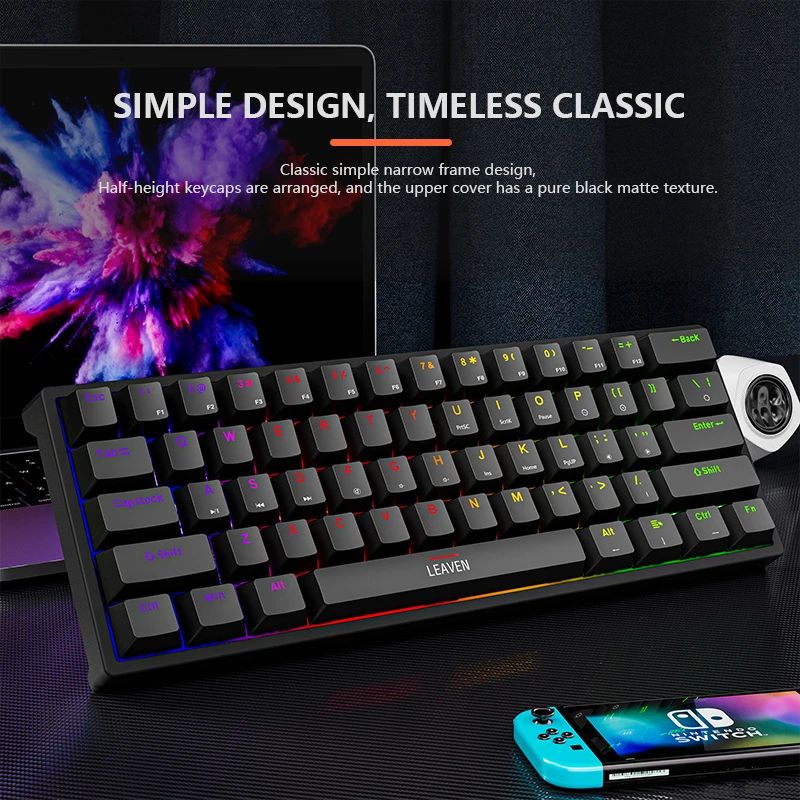 Teclado Mecânico para Jogos K620 Mini 61 Teclas RGB Hotswap Teclado para Jogos com Fio Tipo-C Teclas PBT 60% Teclados Ergonômicos