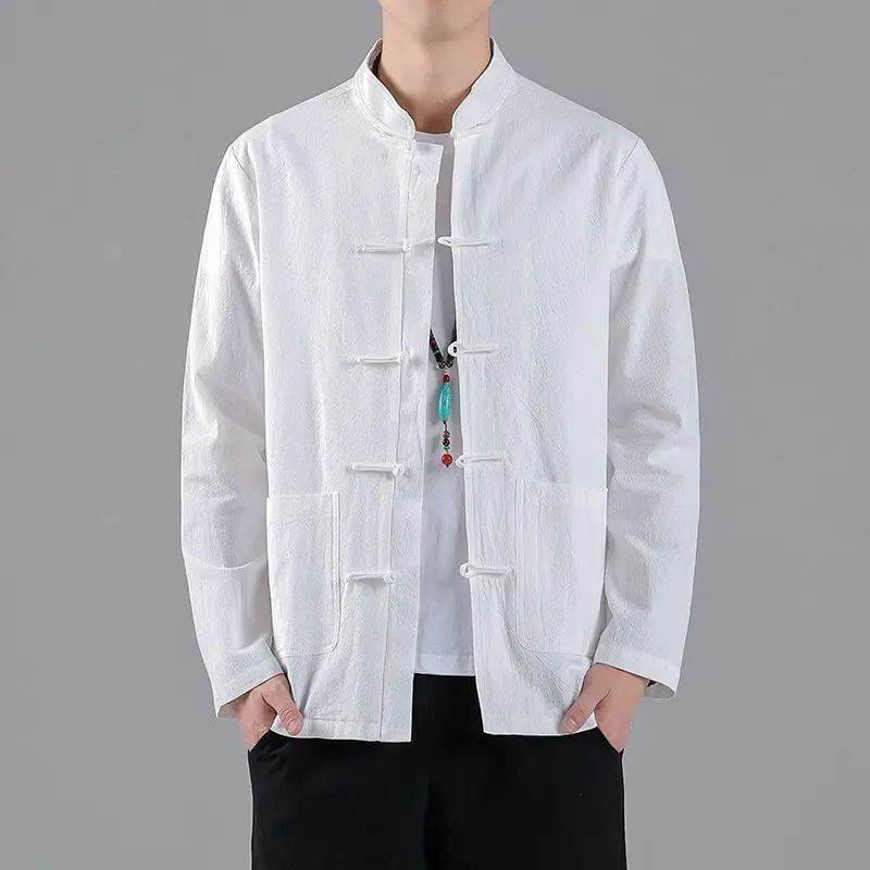 Chinese Style Linen Shirt with Button Design Cotton Linen Spring Autumn New Style Men's Retro Shirt Casual Summer Top