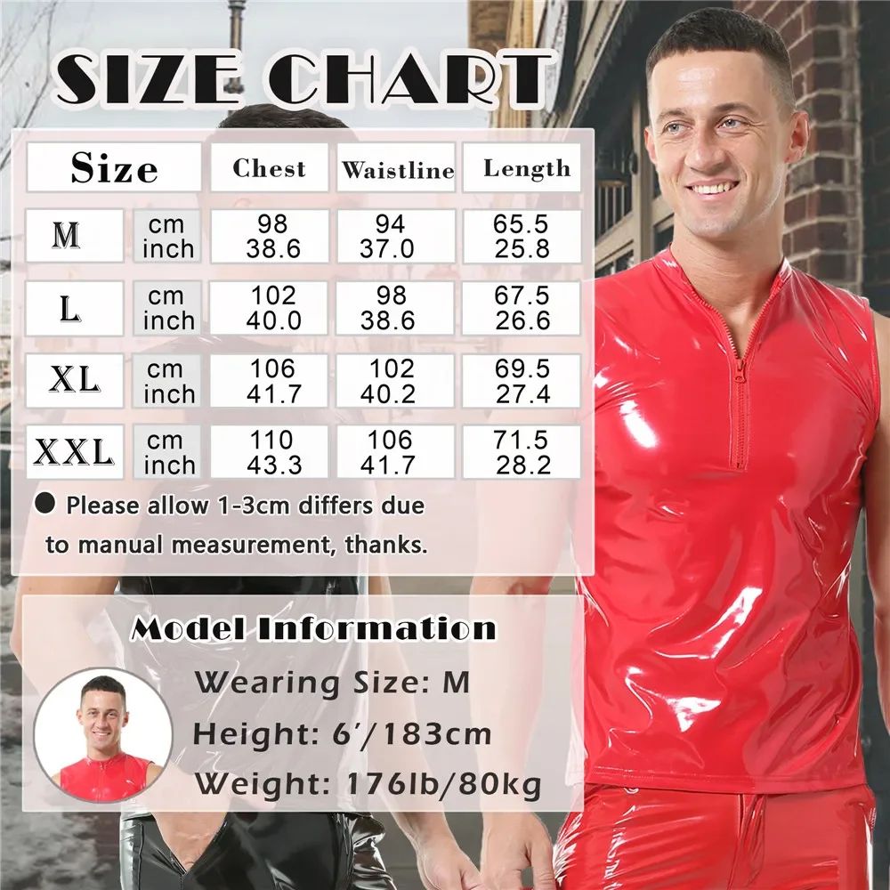 Mens Sexy Shiny PVC Leather Tank Top Vest Erotic Glossy Wet Look Leather T-Shirt Sleeveless Shaping Tank Top Vest Night Clubwear