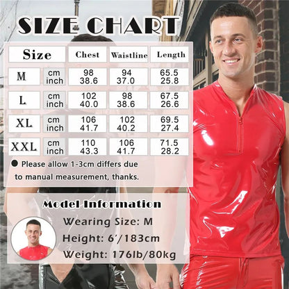Mens Sexy Shiny PVC Leather Tank Top Vest Erotic Glossy Wet Look Leather T-Shirt Sleeveless Shaping Tank Top Vest Night Clubwear