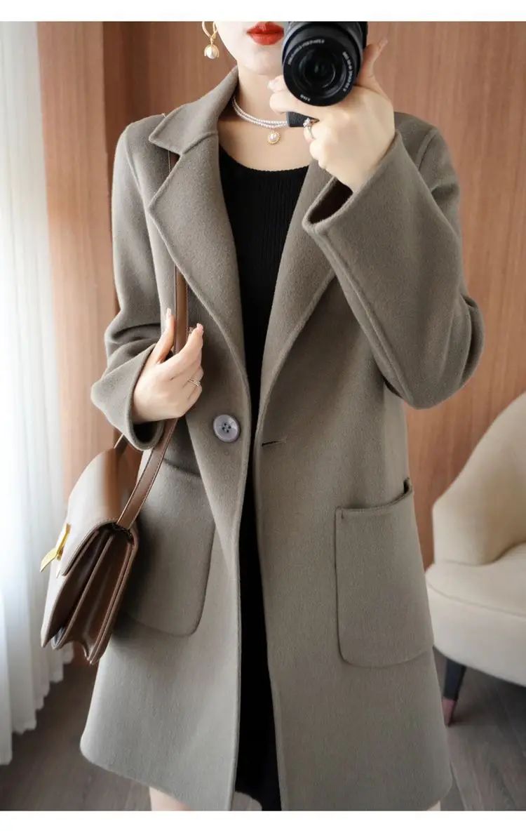 Ladies' Fashionable Woolen Coat Autumn Winter High End Medium Length Leisure Style Woolen Outerwear Pure Color Full Sleeve