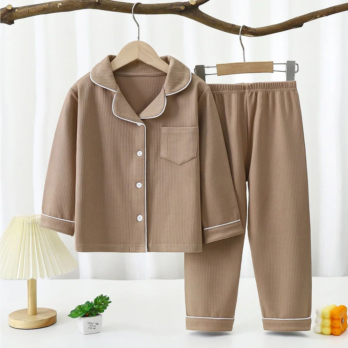 New 2025 Boys Girls Autumn Cotton Pajamas Home Wear Kids Casual Solid Long Sleeve Lapel Pyjamas Teen Sleepwear Clothing Sets