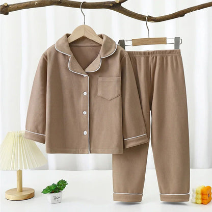 New 2025 Boys Girls Autumn Cotton Pajamas Home Wear Kids Casual Solid Long Sleeve Lapel Pyjamas Teen Sleepwear Clothing Sets
