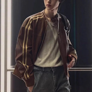 Loose Fit Men's Biker Leather Jacket Stripe Patchwork Stand Collar Casual Outerwear Façade Mixed Material Chinese Production