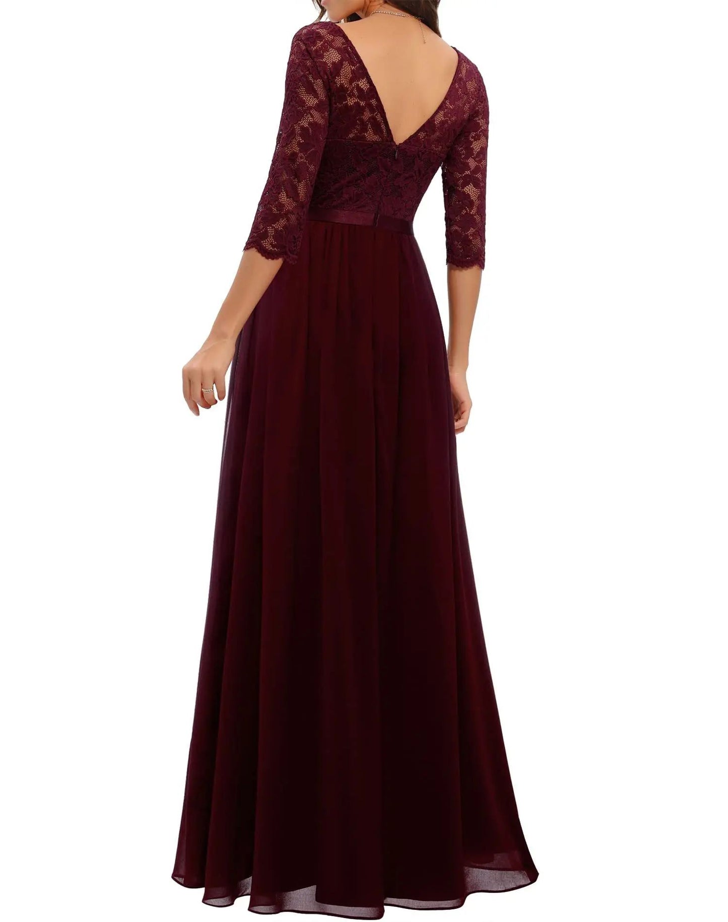 New 6-Color 5-Size Lace Splicing Long Waist-Cinching Elegant Dress Floor-Length V-Neck Polyester Fiber Evening Gown Dress