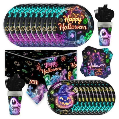 Conjunto de Louça de Festa de Halloween Pratos Festivos Guardanapos Toalha de Mesa Louça Descartável para 10/12 Convidados Decoração de Halloween