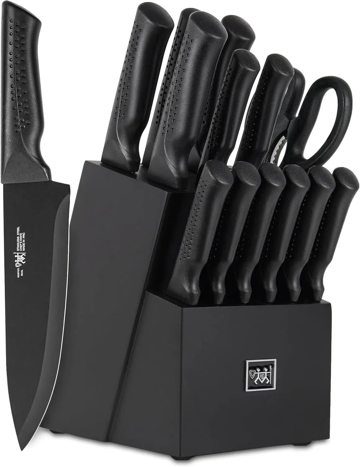 Conjunto de Facas, 15 Peças Conjunto de Facas de Cozinha com Bloco Autoafiável, Lavável na Lava-louças, 6 Facas de Carne, Cabo Antiderrapante, Preto