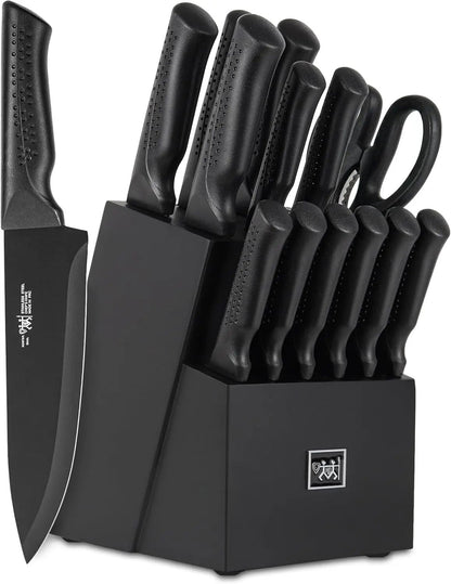 Conjunto de Facas, 15 Peças Conjunto de Facas de Cozinha com Bloco Autoafiável, Lavável na Lava-louças, 6 Facas de Carne, Cabo Antiderrapante, Preto