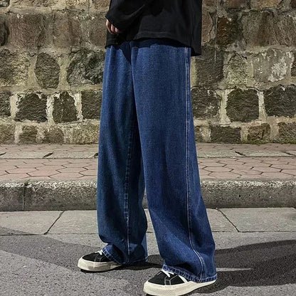 Calça Jeans Masculina Reta Azul Cinza Solta Y2K com Cordão Streetwear Casual Larga de Sarja Masculina Larga Estilosa Harajuku