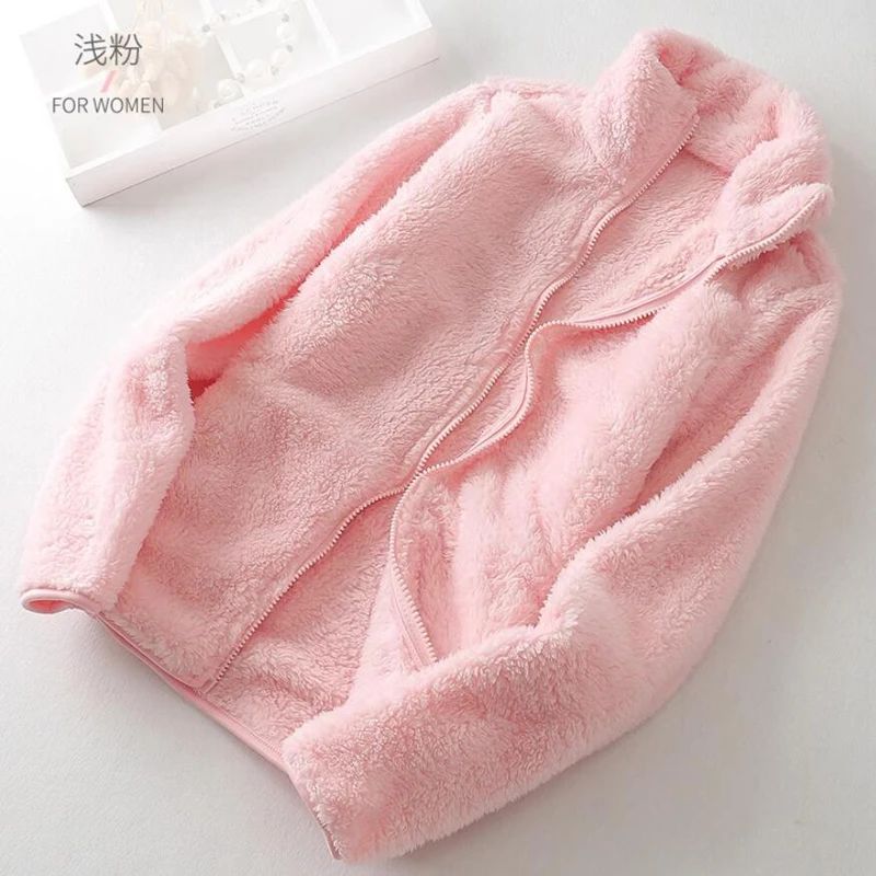 Women's Solid Color Fleece Coat Autumn Winter Warm Zipper Hoodie Loose Stand Collar Jacket Fashion Casual Elegant Ladies Clothes