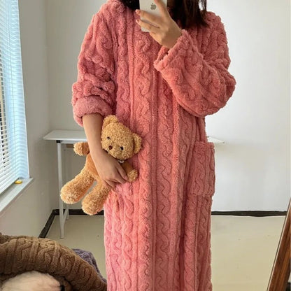 Thickened Warm Bathrobe Women Coral Velvet Padded Pajamas Dress Winter College Student Homewear Plus Size Ladies Striped