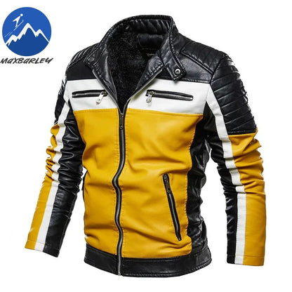 Men Yellow PU Leather Jacket Patchwork Biker Jackets  Casual Zipper Coat Male Motorcycle Jacket Slim Fit Fur Lined Outwear Coat
