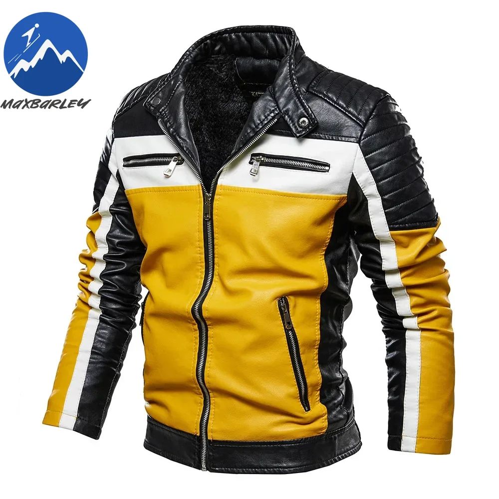 Men Yellow PU Leather Jacket Patchwork Biker Jackets  Casual Zipper Coat Male Motorcycle Jacket Slim Fit Fur Lined Outwear Coat
