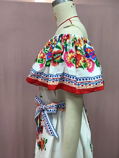 2024 Spring Summer New Independent Stand Amazon Off-shoulder Red Flower Printing Long Dress Oversized Wide Hemline Sleeveless