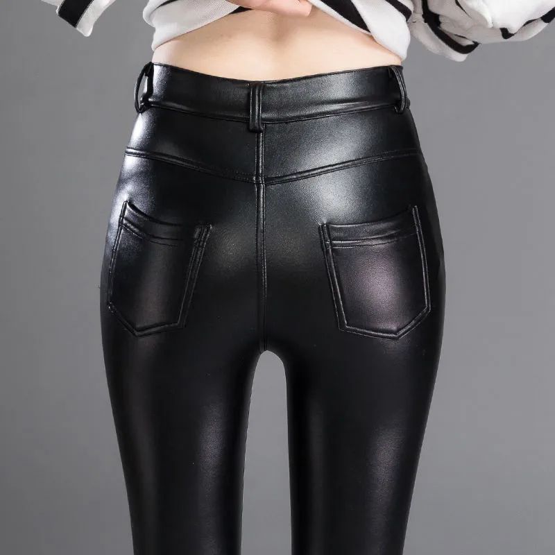 PU Leather Pants for Women Leggings Pencil Pants with Thermal Lining Female High-Waisted Stretchy Slim Fit Autumn Winter Black