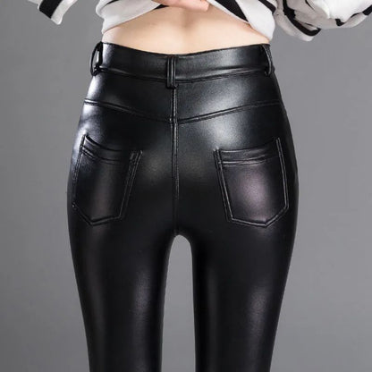 PU Leather Pants for Women Leggings Pencil Pants with Thermal Lining Female High-Waisted Stretchy Slim Fit Autumn Winter Black