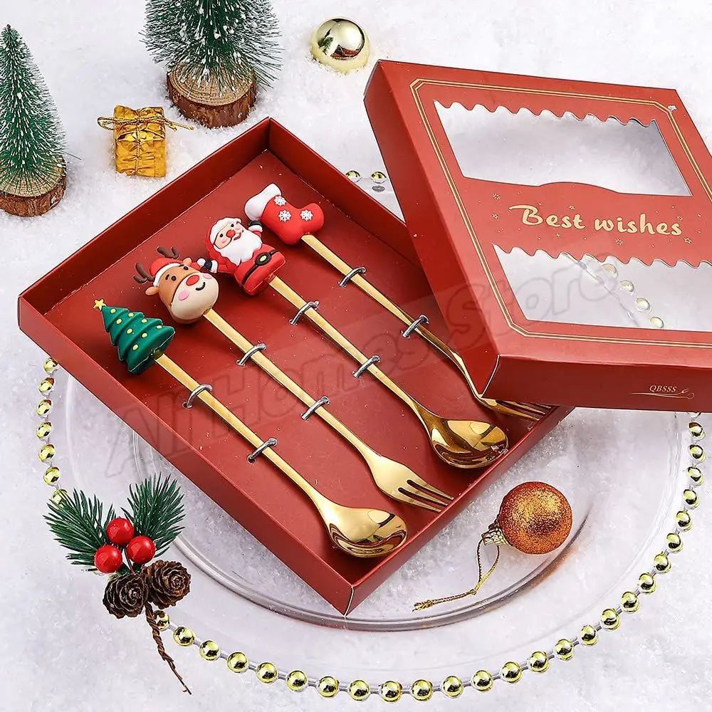 Christmas Cutlery Set Elk Dessert Scoop Fruit Fork Coffee Spoon Stainless Steel Dessert Fork 4/6PCS Christmas Spoons Fork Set